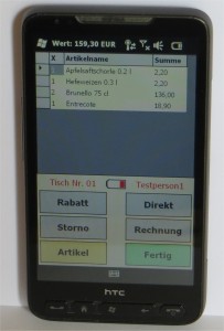 Smartphone HTC HD2 mit der Erweiterung BC-Mobile passend für die Gastronomie Kassensoftware Bistro-Cash