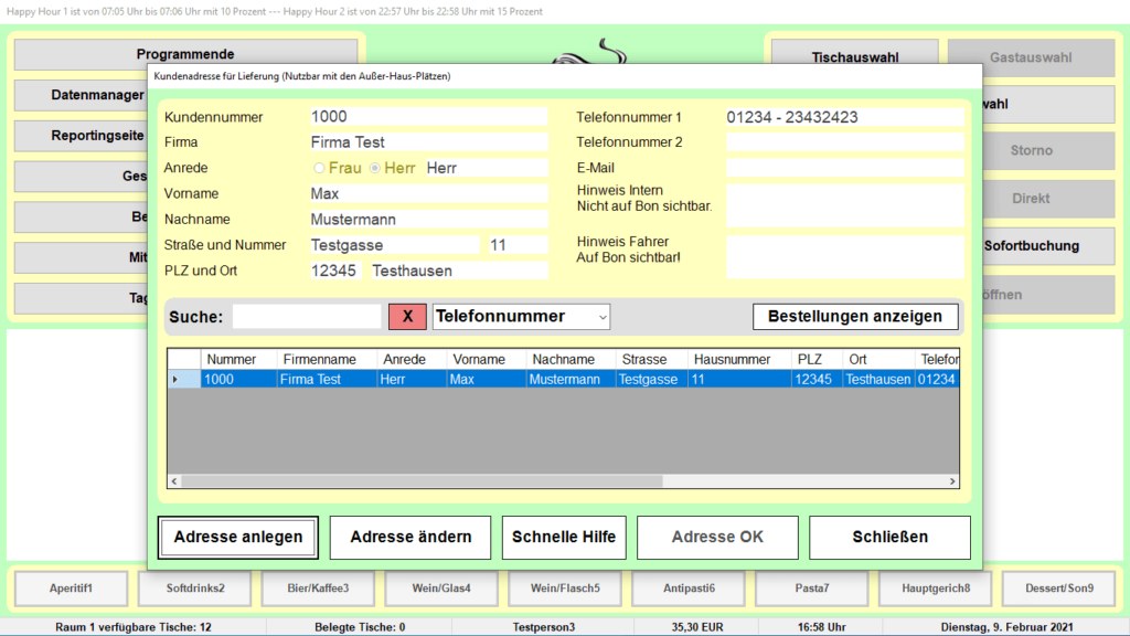 Bistro-Cash Kassensoftware Lieferadressen