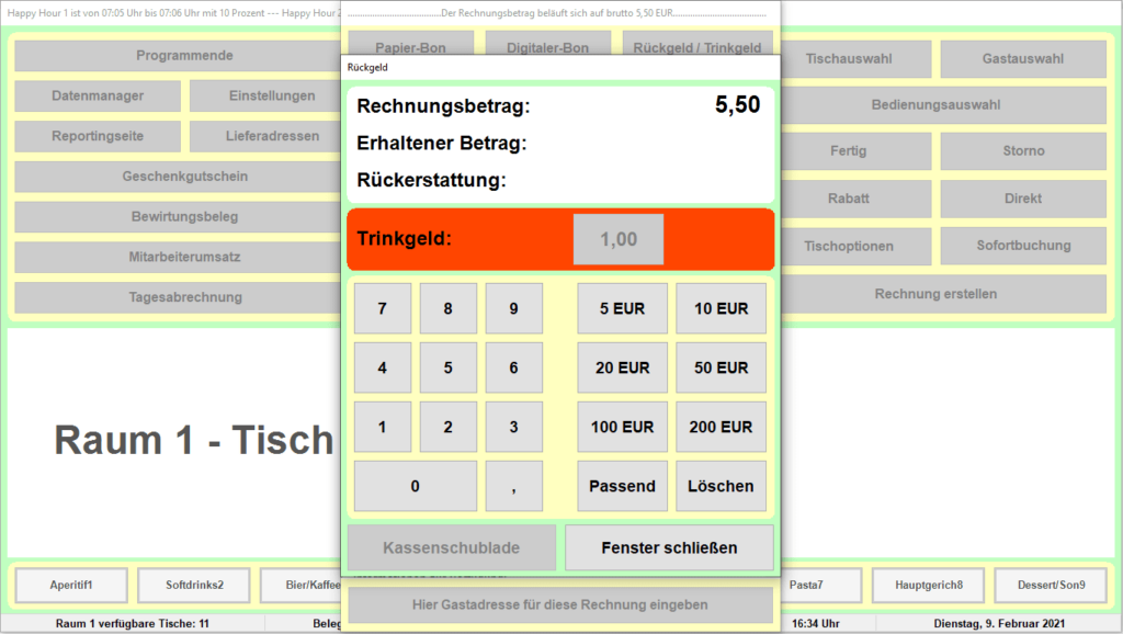 Bistro-Cash Kassensoftware Trinkgeld